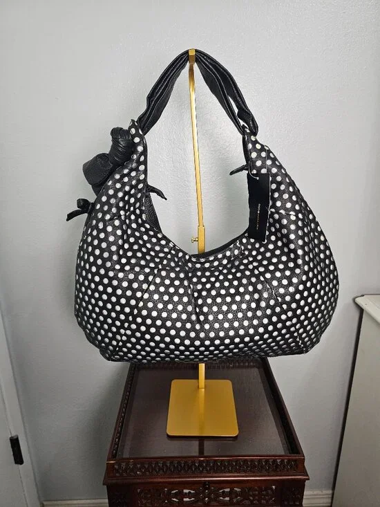 NWT BCBGMAXAZRIA Black & White Perforated Polka Dot Hobo Bag - Vegan Leather - Picture 3 of 12